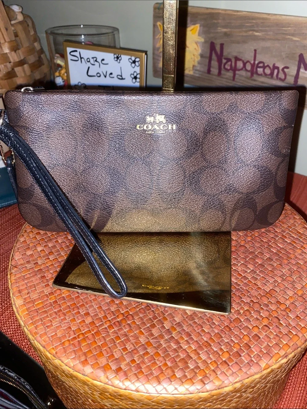 Coach Large Corner Zip Wristlet with signature brown canvas monogram